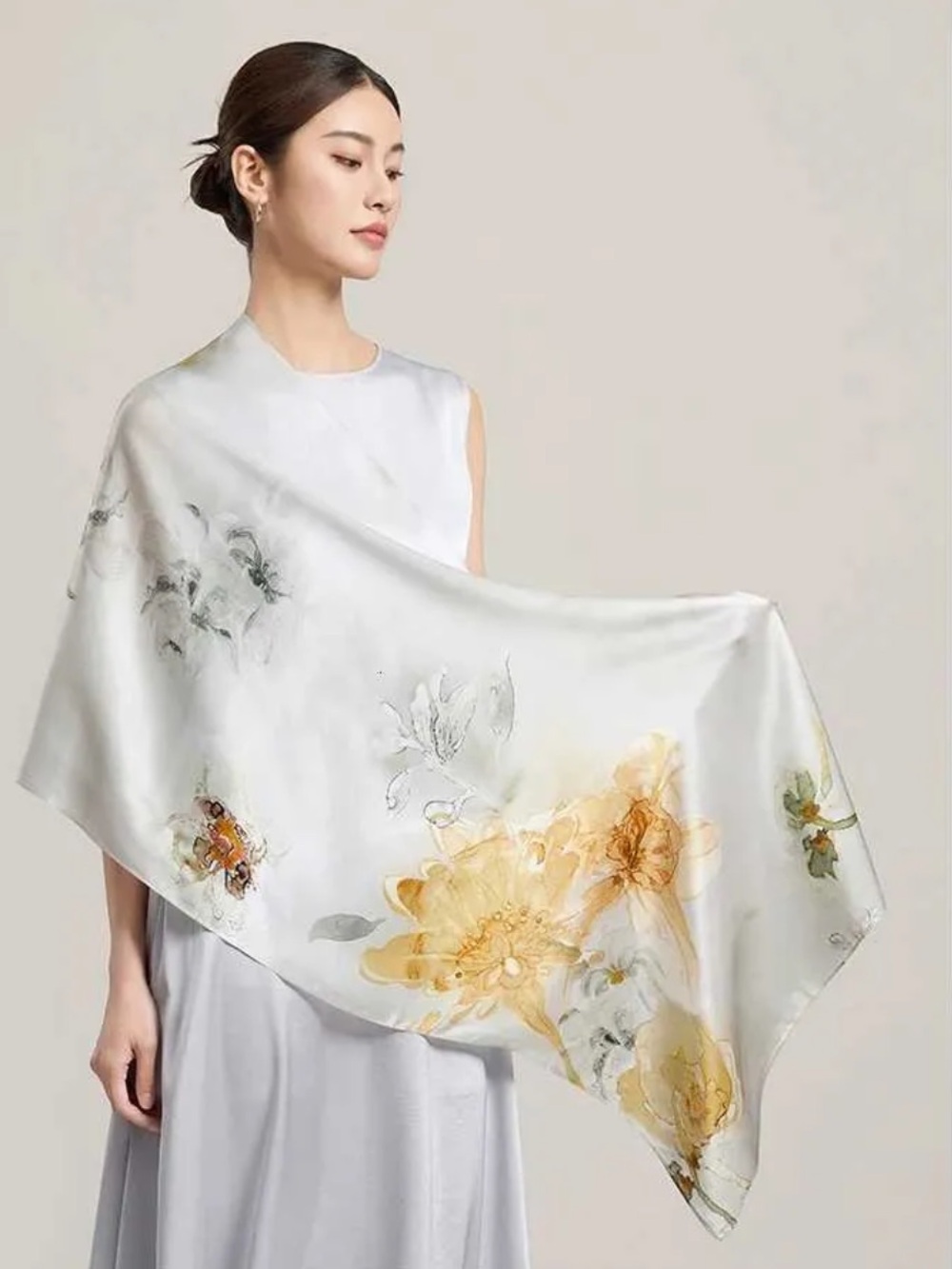 XLarge Light Grey Gold Orchid Blossom Silk Scarf Floral Art To Wear Wrap Luxury